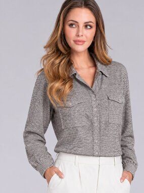 Buttercloth Womens Grey Button Up Icy Cotton Long Sleeve Pre-Tucked Fit Top SZ:L